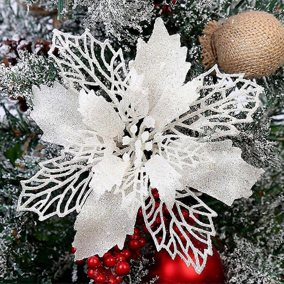 (10Pcs, White) Christmas Glitter Flower Poinsettia Xmas Tree Hanging Party Ornament Home Decoration -NMAOV-image-OPC-PFZWZ29-NEW