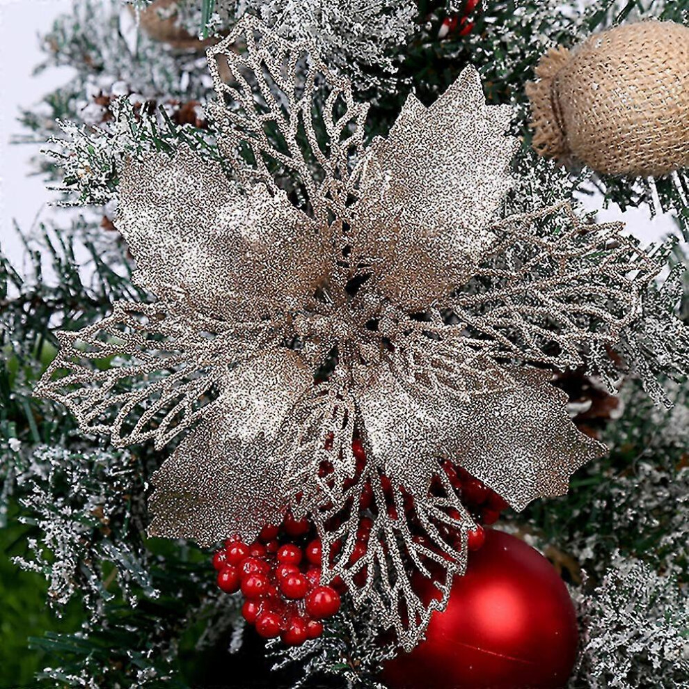 (10Pcs, Champagne) Christmas Glitter Flower Poinsettia Xmas Tree Hanging Party Ornament Home Decoration -NMAOV-image-OPC-PFZWYZZ-NEW