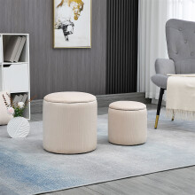 HOMCOM Modern Fabric Storage Ottoman with Removable Lid, Set of 2, Cream White