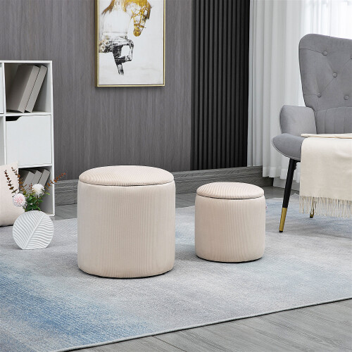 Homcom HOMCOM Modern Fabric Storage Ottoman with Removable Lid, Set of 2, Cream White