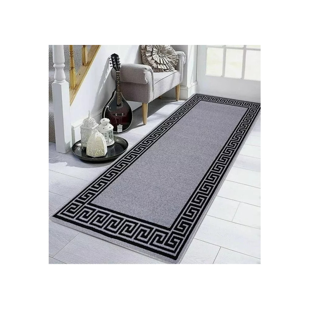 (Silver Black, 60x110cm) Non Slip Greekey Rugs Extra Large  Hallway Runner Living Room Bedroom Kitchen Floor Mats
