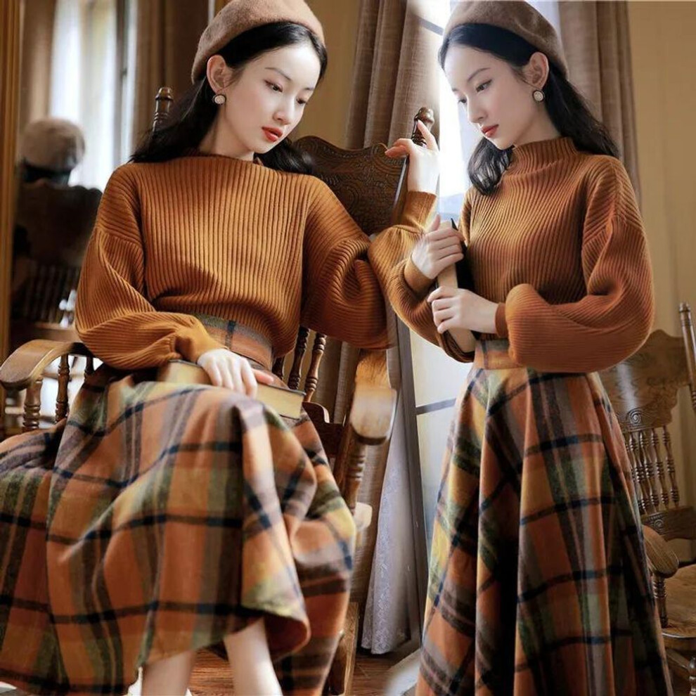 (as the picture, 2XL) Women&apos;s Spring And Autumn Casual Leisure Set Knitted Top + Temperament Half-body Skirt Two-piece Set