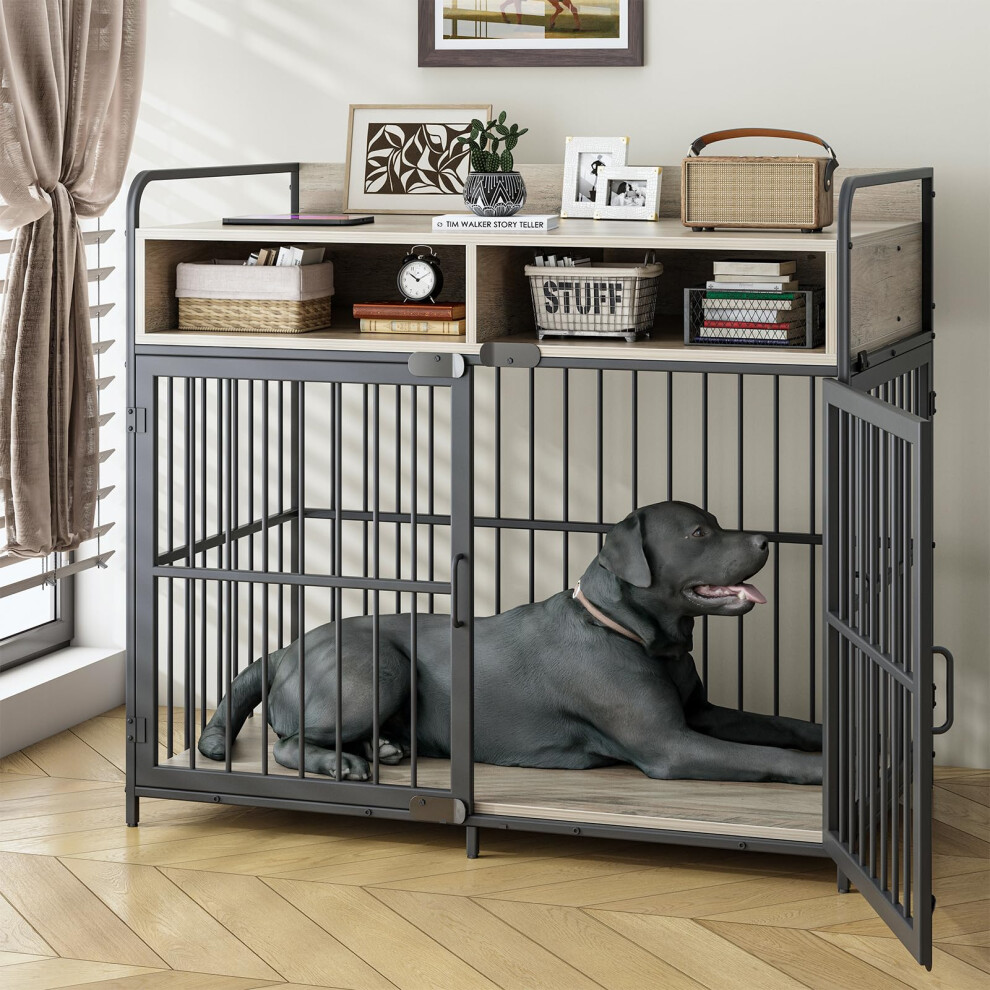 Large Dog Crate Furniture with Drawer Storage | Large Indoor Wood Dog Kennel | Heavy Duty Metal Dog Cage Table | 103×60×80CM - Rustic Grey