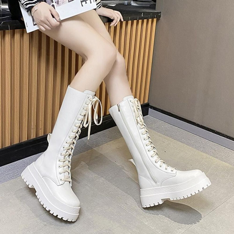 (white, 36) Chunky Platform Punk Boots Women Thick Bottom Knee High Boots Woman Autumn Winter  Fashion Pu Leather Motorcycle Botas