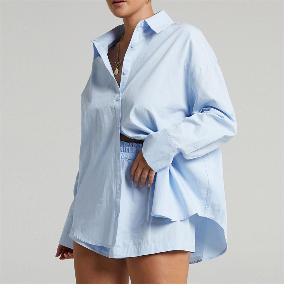 (sky blue, M) Women Tracksuits Shirt With Mini Shorts Cotton Two Pieces Sets Fashion Clothing Outfits Women Blouses Fashion Tracksuits