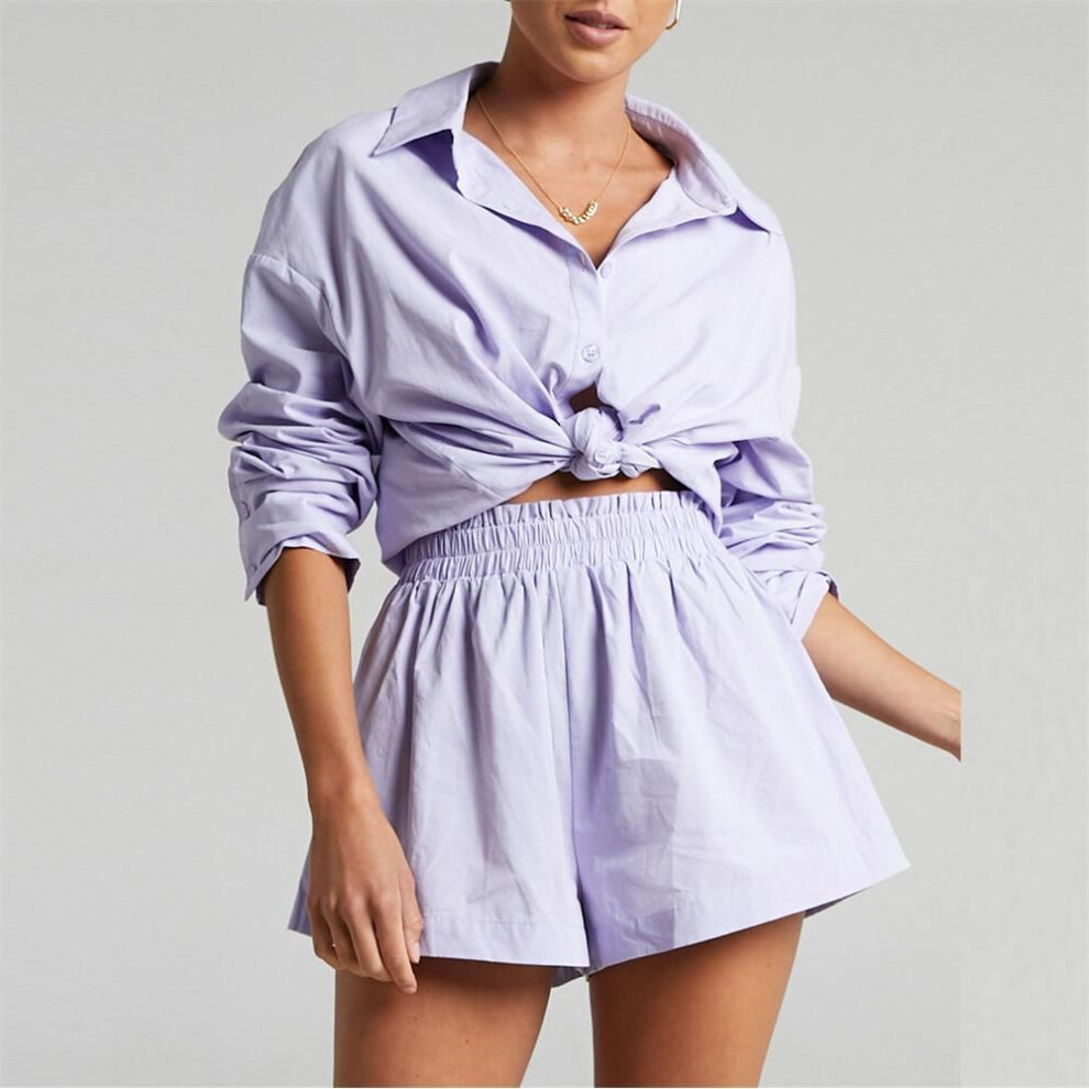 (light purple, M) Women Tracksuits Shirt With Mini Shorts Cotton Two Pieces Sets Fashion Clothing Outfits Women Blouses Fashion Tracksuits