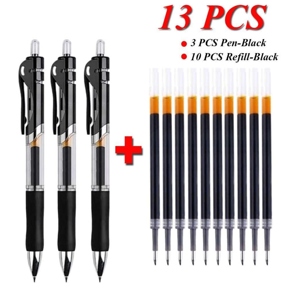 (black) 13pcs/set Ballpen Retractable Gel Pens Black/red/blue Ink Large Capacity 0.5 Mm Replaceable Refills Office & School Stationery