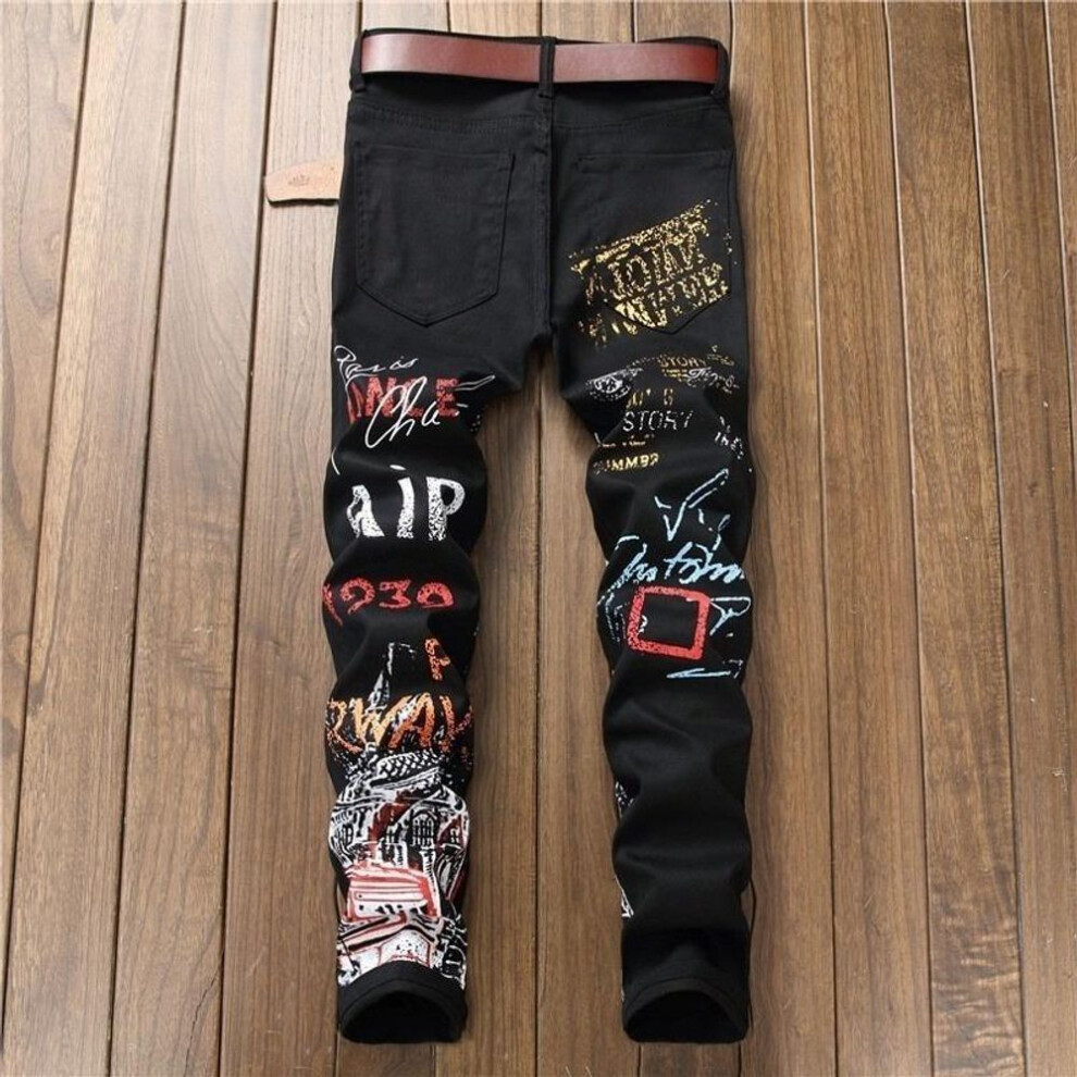 (black, 31) Fashion Mens Jeans Night Club Black White Color Personal Designer Printed Jeans Men Punk Pants Skinny Hip Hop Jeans