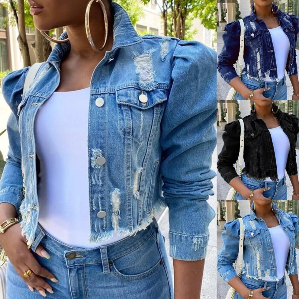 (blue, L) Women Sexy Ripped Denim Jackets Vintage Casual Short Jean Jacket Puff Sleeve Female Coat Streetwear
