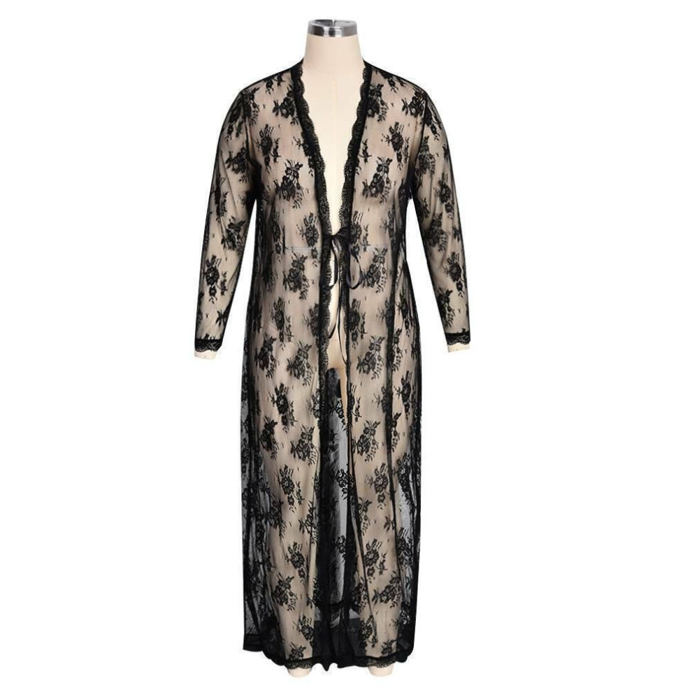 (XL, black) Xl-5xl Plus Size Ladies Long Lace Cardigan Nightgown Sexy