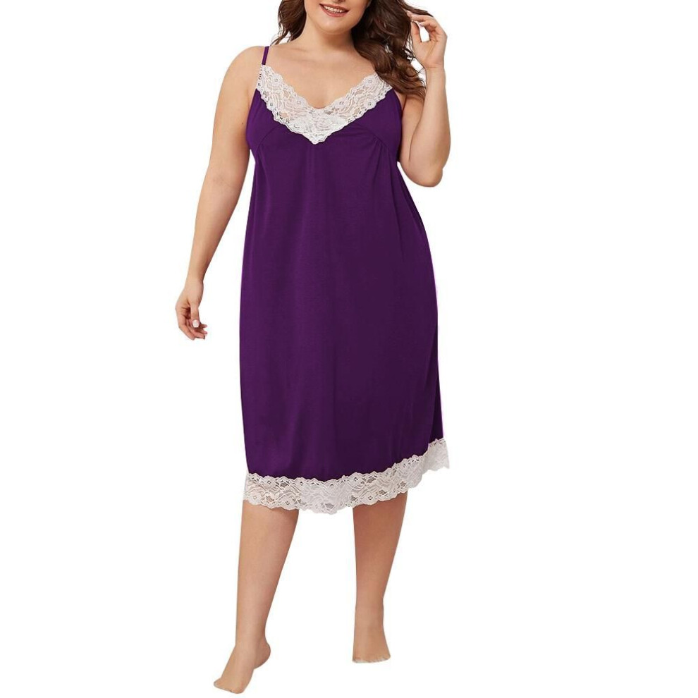 (purple, 5XL) Womens Sexy Suspender Lace Stitching Night Dress Set Casual Plus Size Sleepwear Pajamas Nightwear