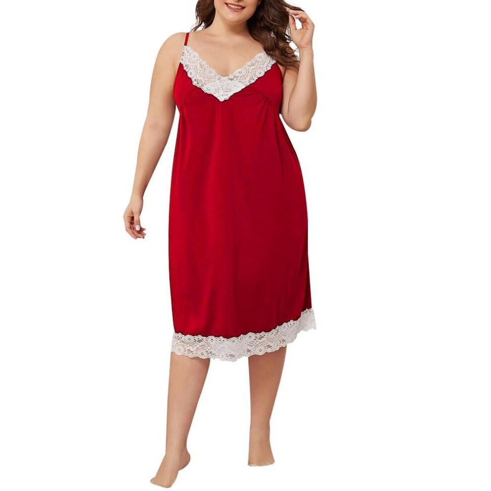 (red, L) Womens Sexy Suspender Lace Stitching Night Dress Set Casual Plus Size Sleepwear Pajamas Nightwear