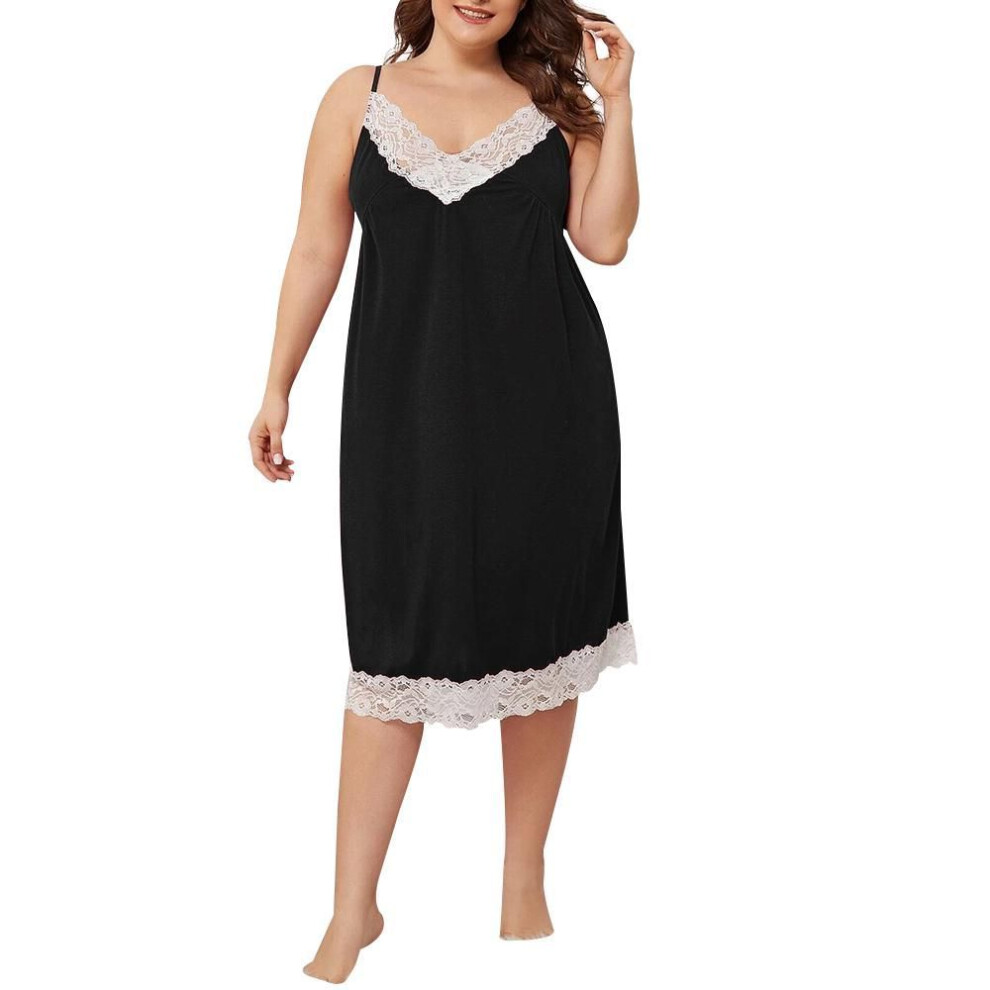 (black, 3XL) Womens Sexy Suspender Lace Stitching Night Dress Set Casual Plus Size Sleepwear Pajamas Nightwear