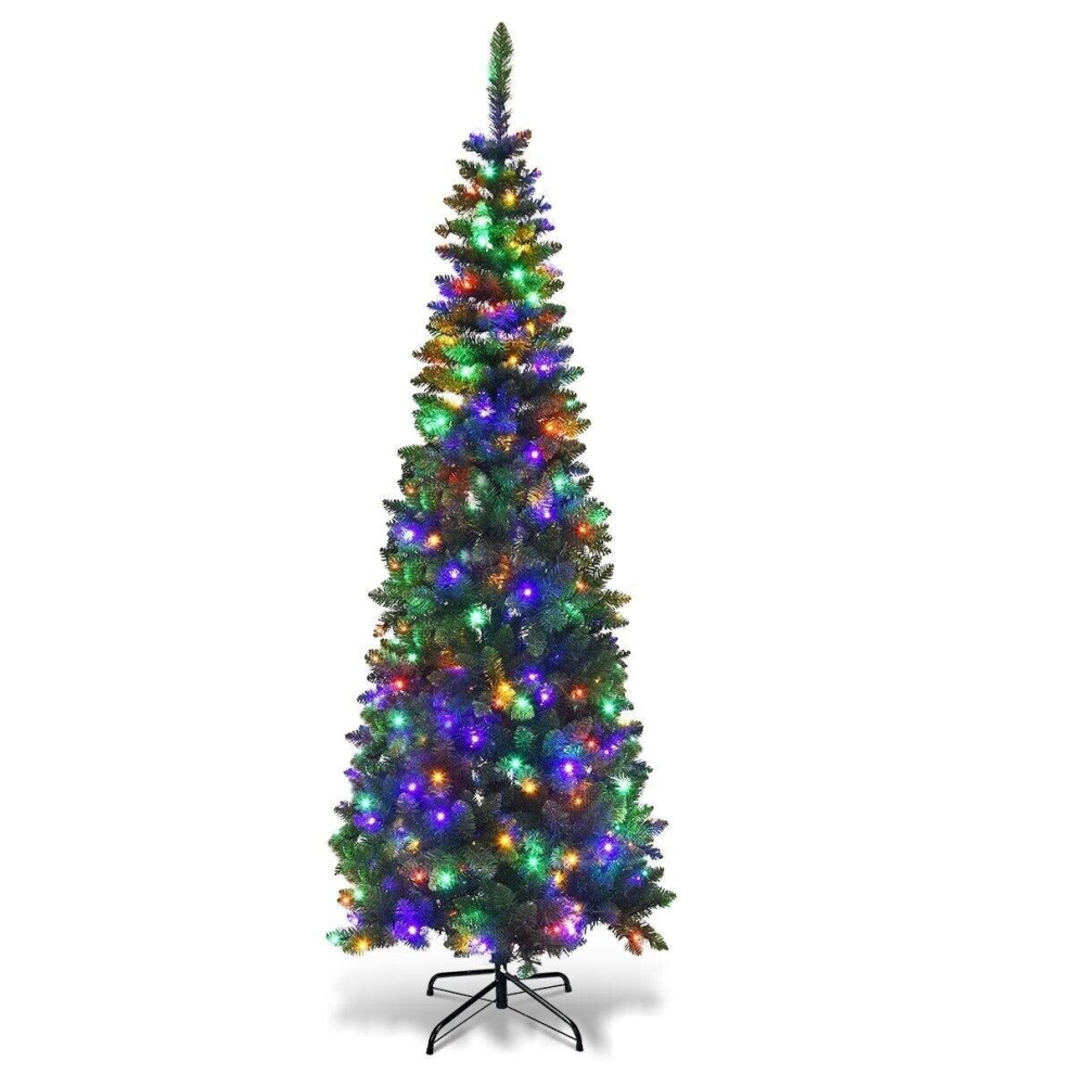 Shatchi 8Ft/2.4M Pre Lit Artificial Slim Christmas Pencil Tree,828 Pointed Tips,300 Multicolour Leds Green
