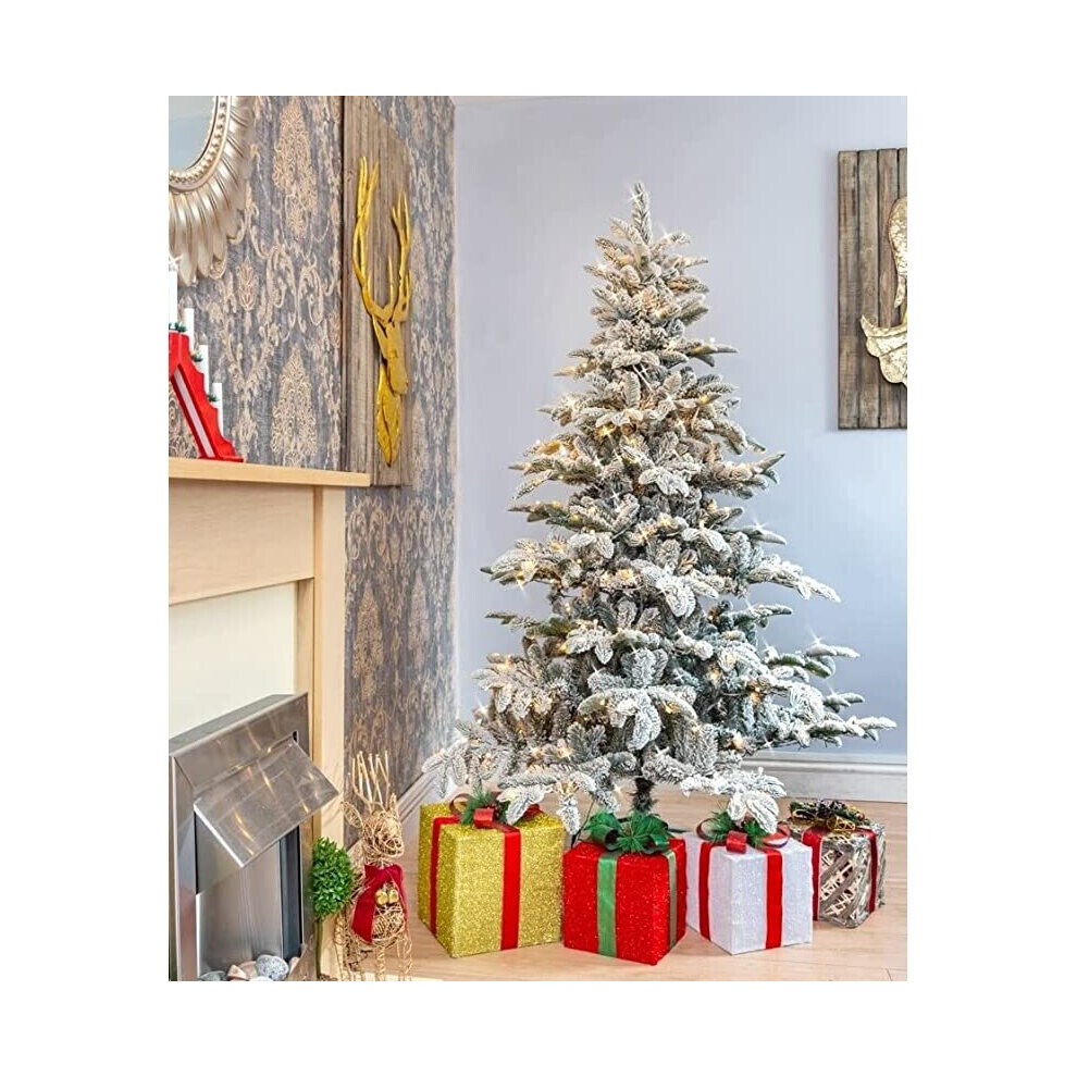 Shatchi White,Green 5Ft/1.5M Luxury Pre Lit Snow Flocked Christmas Tree Snow Covered Green Tips Hinged Bushy Warm White Leds Lights