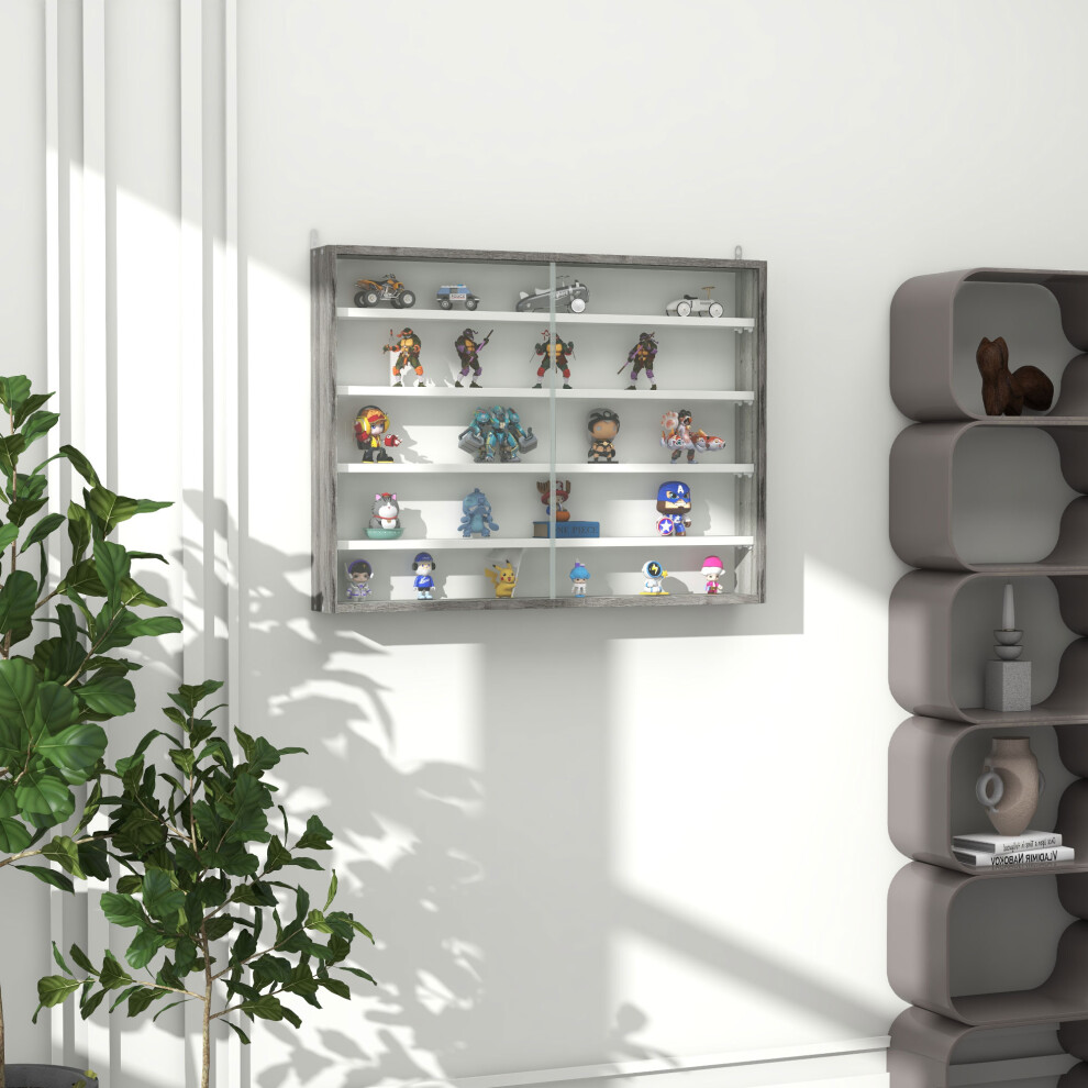 HOMCOM 5-Tier Wall Display Shelf Unit Cabinet w/ Shelves Glass Doors Grey Wood