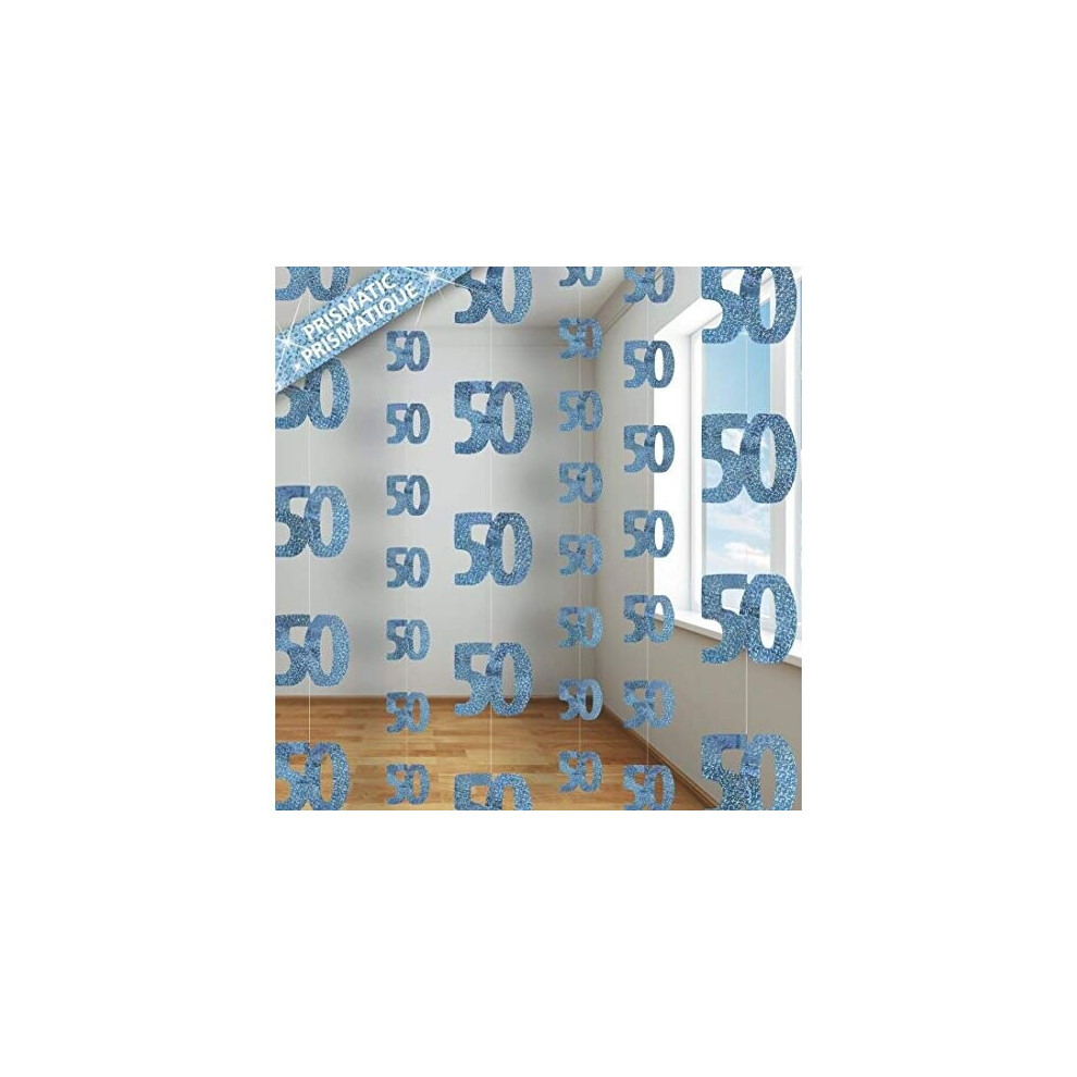 SHATCHI 50th Glitz Blue Anniversary Birthday Metallic Hanging String Shiny Foil Banner Party Door Wall Decorations Pack of 6