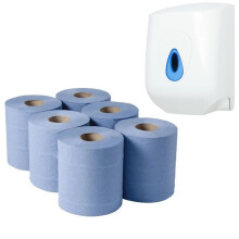 6 Rolls Blue Embossed 2ply Centrefeed Rolls & Dispenser