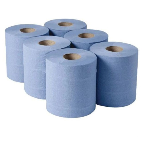 6 Rolls Blue Embossed 2ply Centrefeed Rolls & Dispenser 1