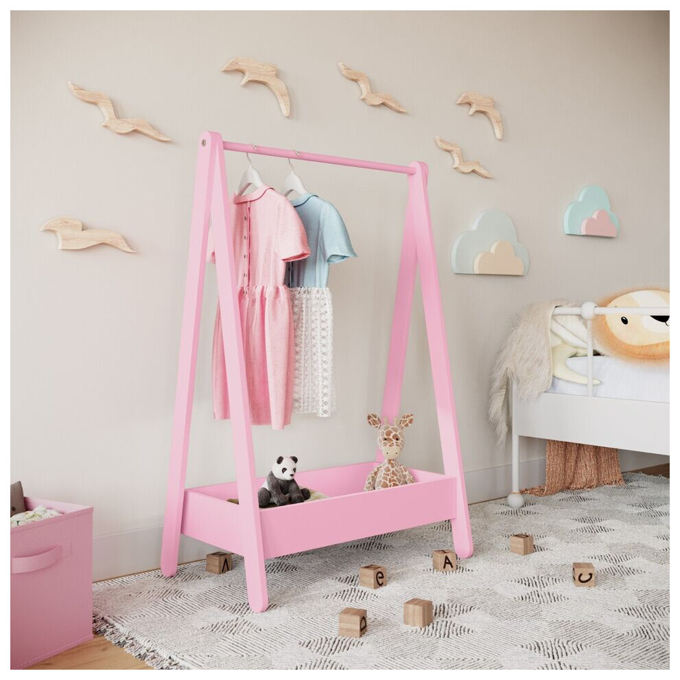 (Pink) Kids Wooden Hanging Dress Up Clothes Rail Rack