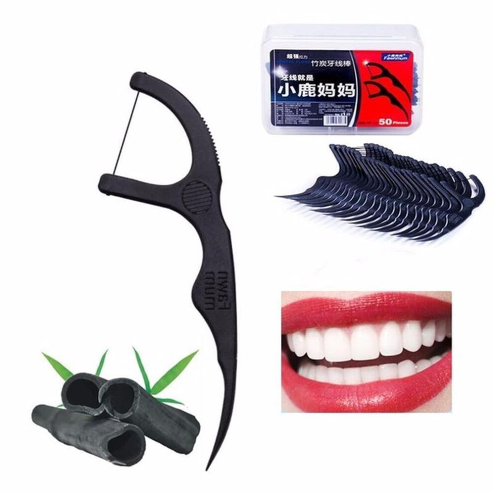 50 Pcs Bamboo Charcoal Dental Floss Stick Tooth Brush Teeth Cleaning Dental Floss Slot Toothpick