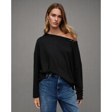 (Black, Medium) All Saints Rita T-shirt Designer Long Sleeve Relaxed Oversize Fit Tee Top