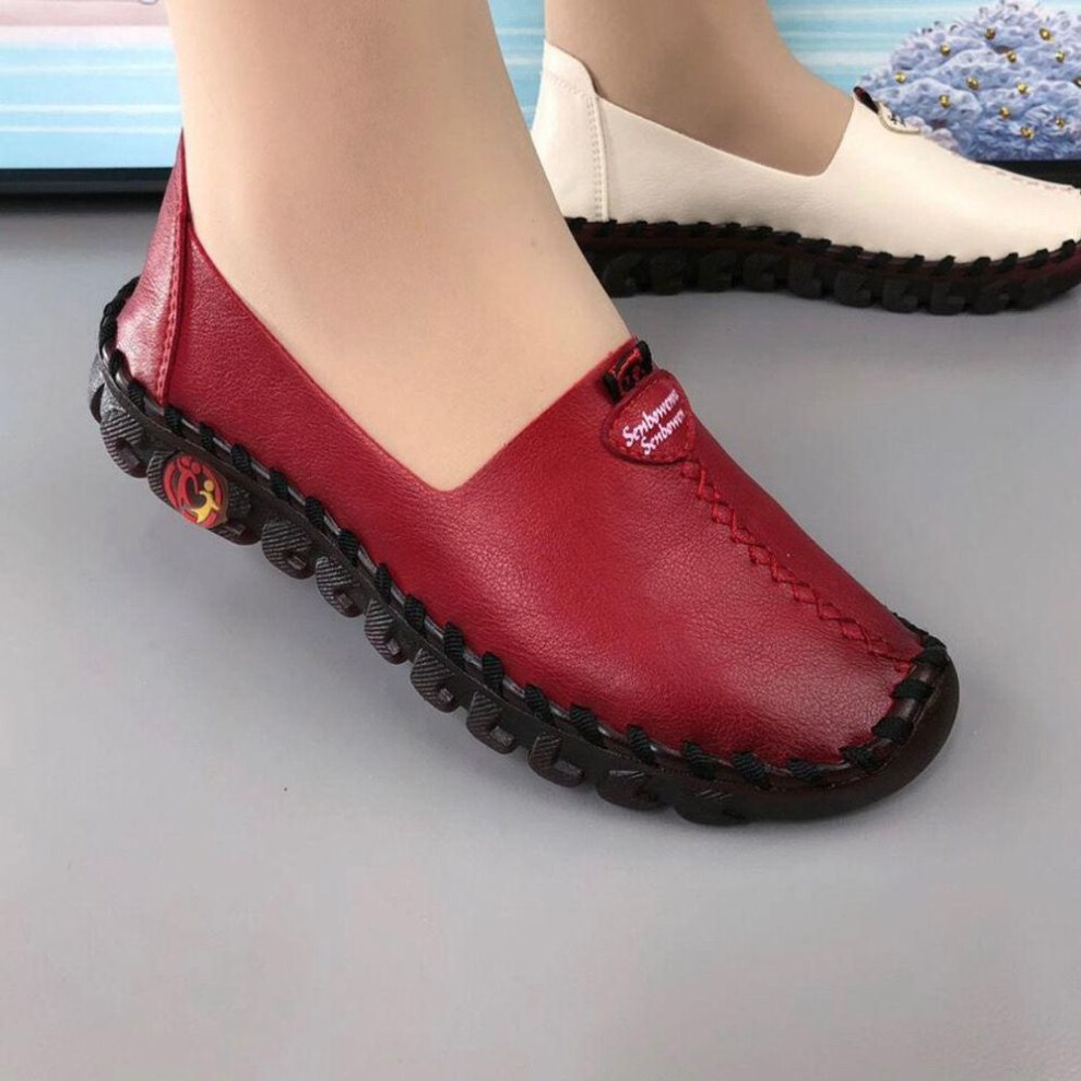 (red, 42) Velcro Fastener Pumps Oxford Spring/summer Flat Shoes For Pregnant Women Soft Bottom Soft Surface Breathable Women&apos;s Leather