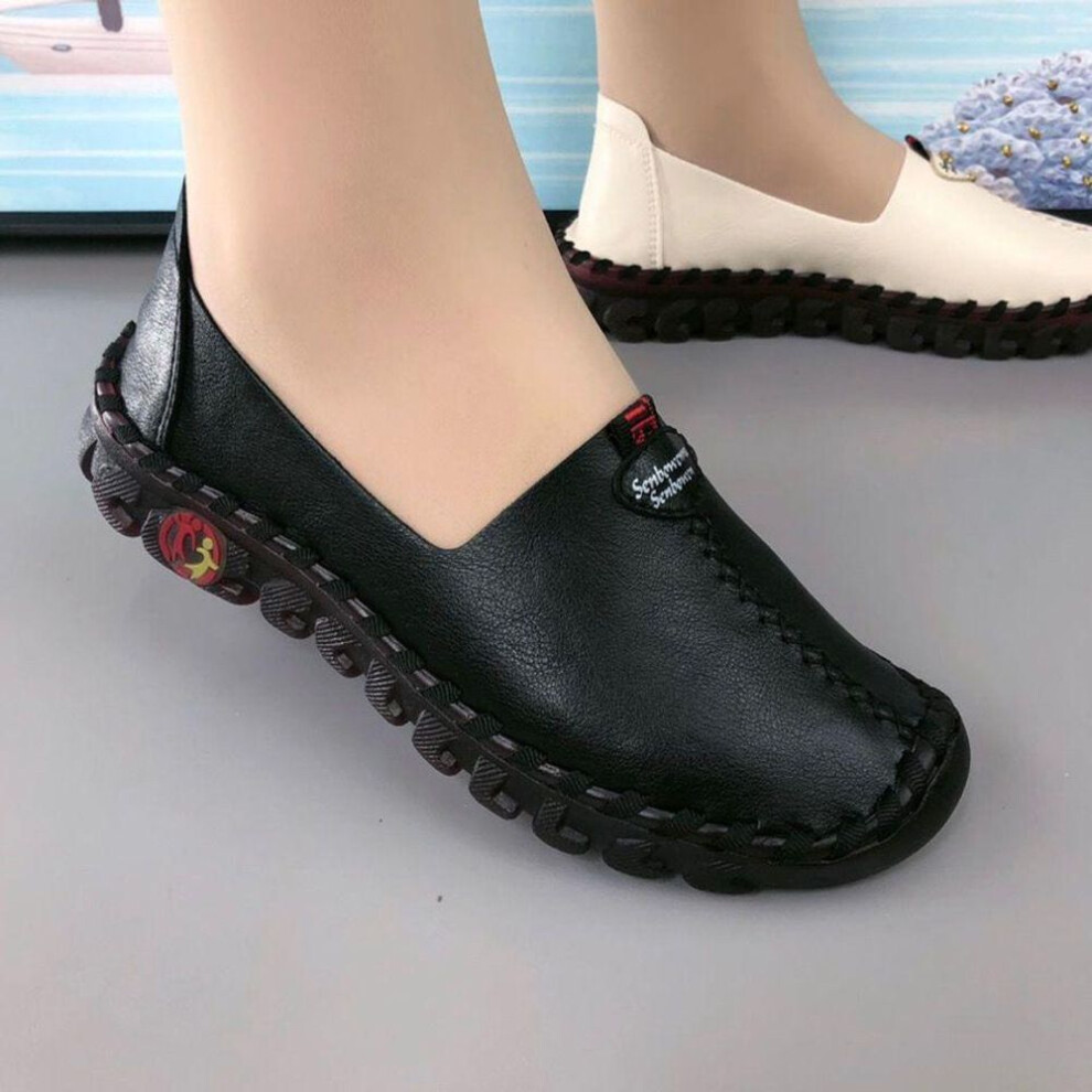 (black, 42) Velcro Fastener Pumps Oxford Spring/summer Flat Shoes For Pregnant Women Soft Bottom Soft Surface Breathable Women&apos;s Leather