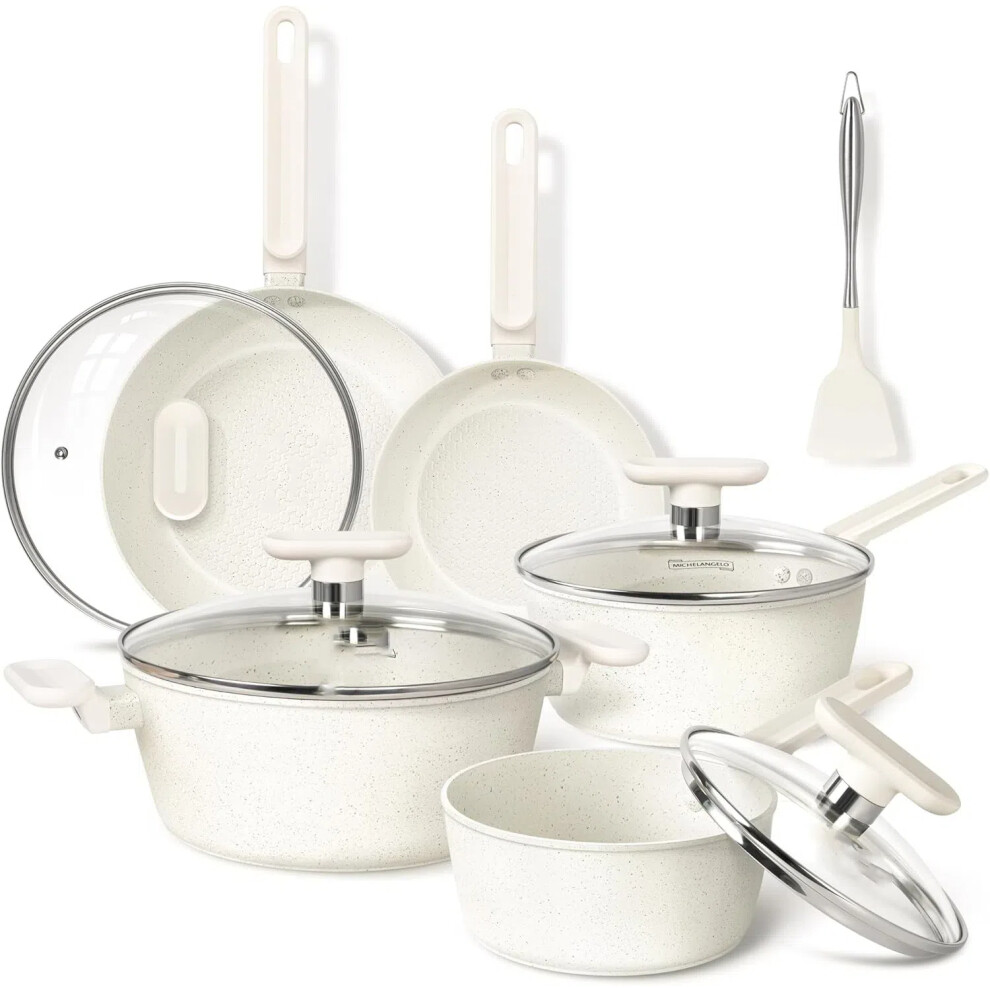 (Cream White 10PCS) Pots and Pans Sets Non Stick, 10pcs White Granite Pots and Pans Set with Nonstick Coatings, Non Stick Cookware Set, Stone Pots and Pans
