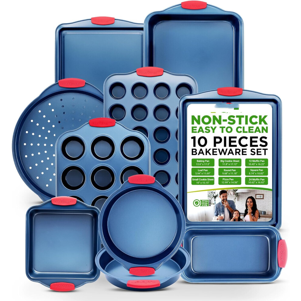 (10-Piece) Deluxe Nonstick Blue Coating Inside & Outside Carbon Steel Bakeware Set with Red Silicone Handles, Durable & Reliable Cookie Sheet Oven Pan Style
