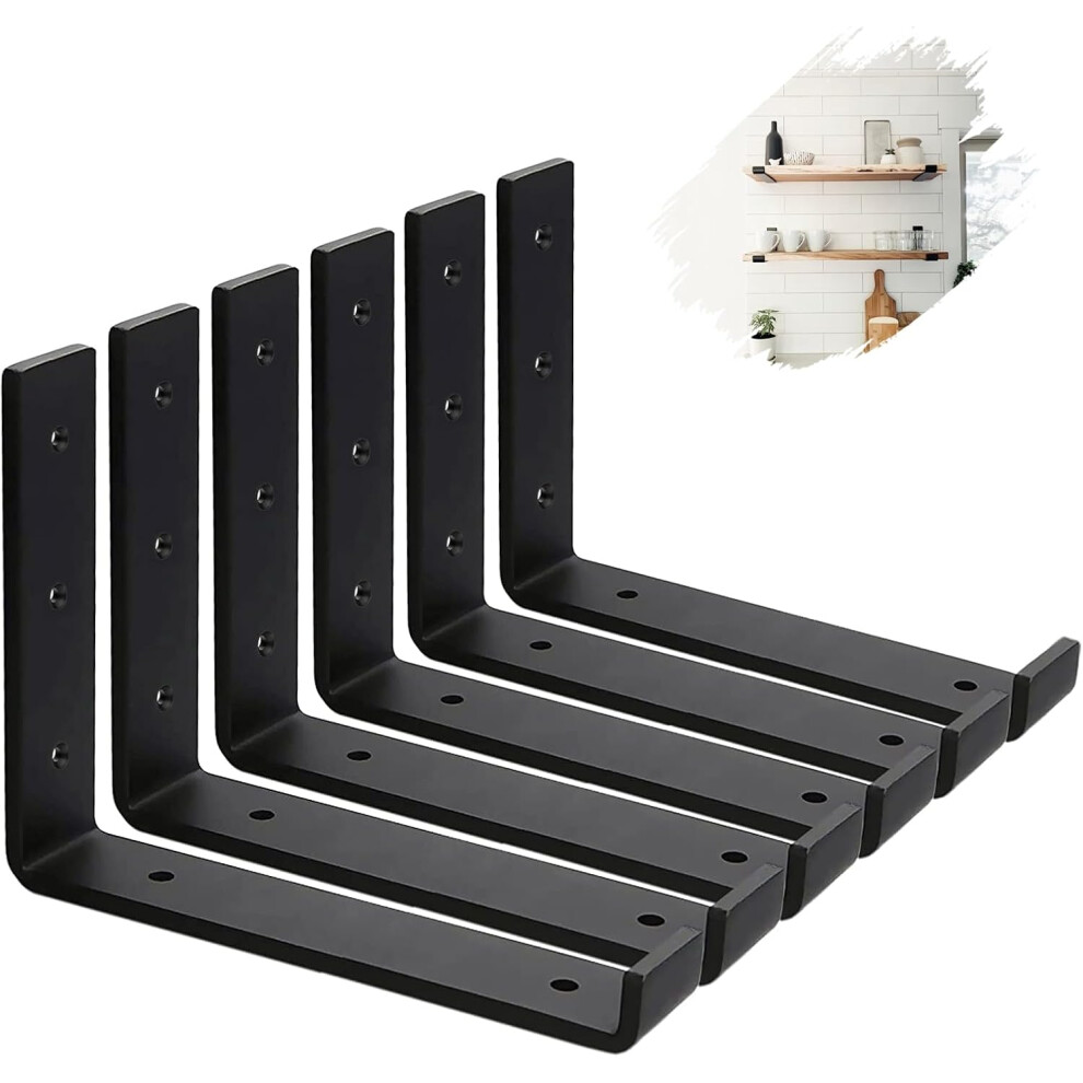 (12 inch, 6 Pack) Black Shelf Bracket Heavy Duty - 5mm Thick Shelf Bracket, Lip Bracket, Floating Shelf