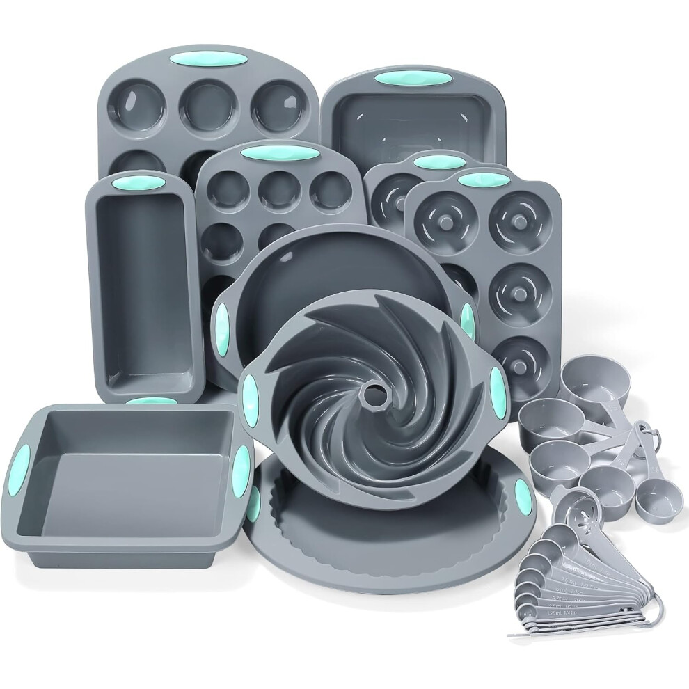 (27 Pieces, Light Grey) 10pcs Silicone Baking Cake Pans Silicone Cake Mold Baking Pan Donut Pan Silicone Muffin Pan Set with Measuring Cup and Spoon