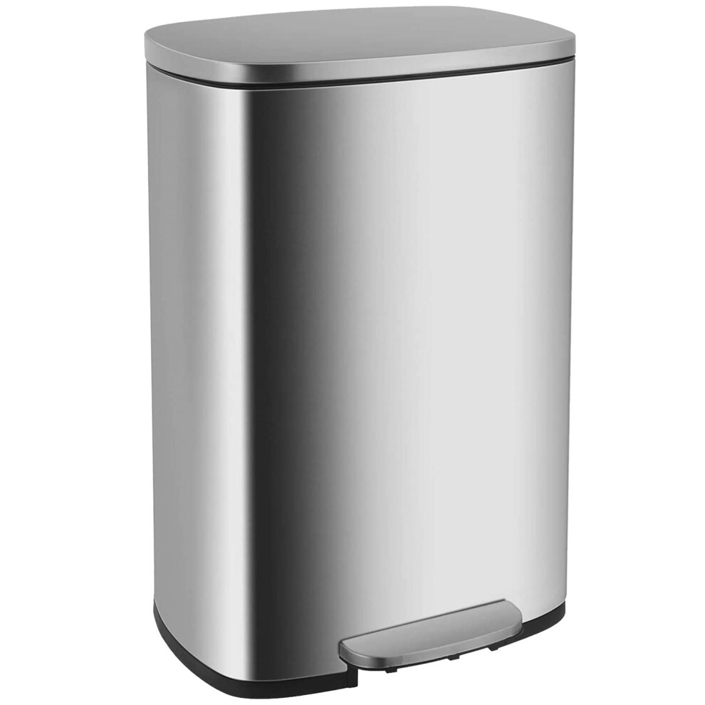 (Silver) 50 L Garbage Can Kitchen Trash Can with Lid for Office Bedroom Bathroom Step Trash Bin Fingerprint-Proof Brushed Stainless Steel,Silver