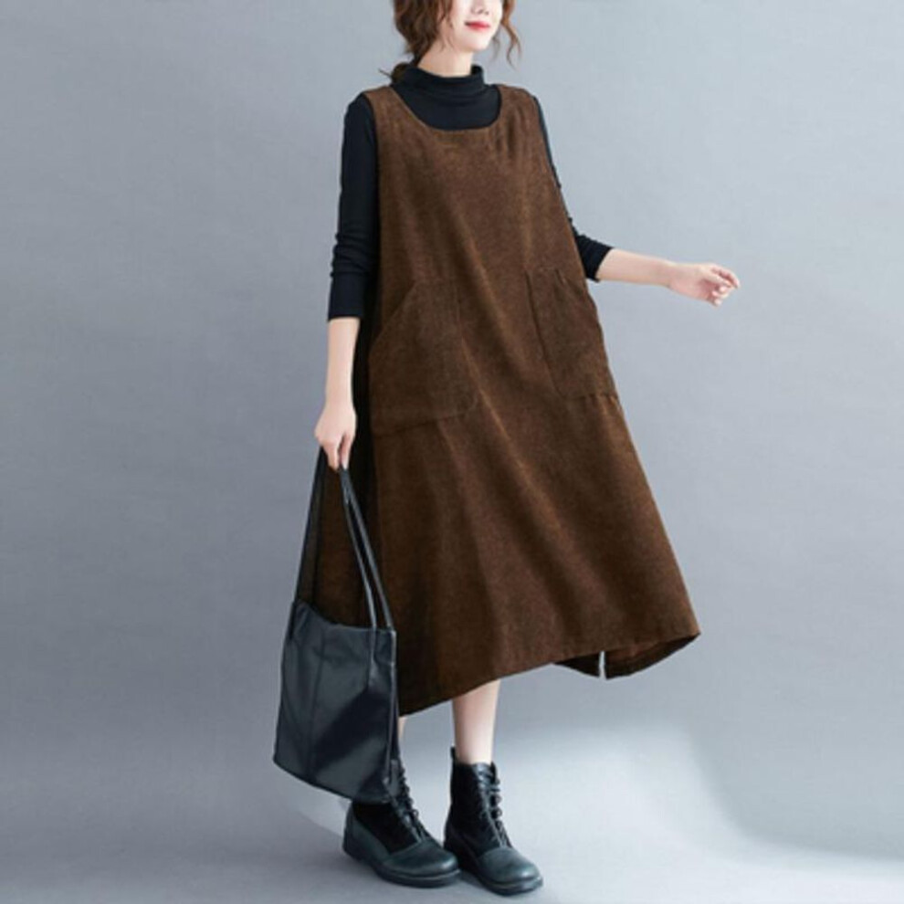 (brown, 2XL) DIMANAF 2024 Women Plus Size Autumn Sleeveless Dress Lady Corduroy Long Dress Casual Large Loose Dress