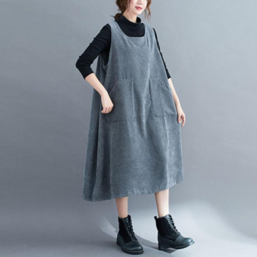 (grey, 2XL) DIMANAF 2024 Women Plus Size Autumn Sleeveless Dress Lady Corduroy Long Dress Casual Large Loose Dress
