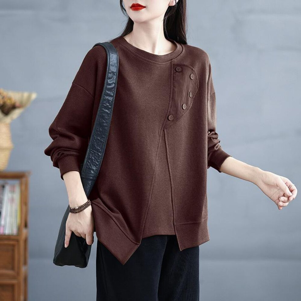 (L, brown) DIMANAF New Plus Size 2024 Women Long Sleeve Autumn Basic O-Neck T-Shirt New Solid Casual Tops Big Size Pullover
