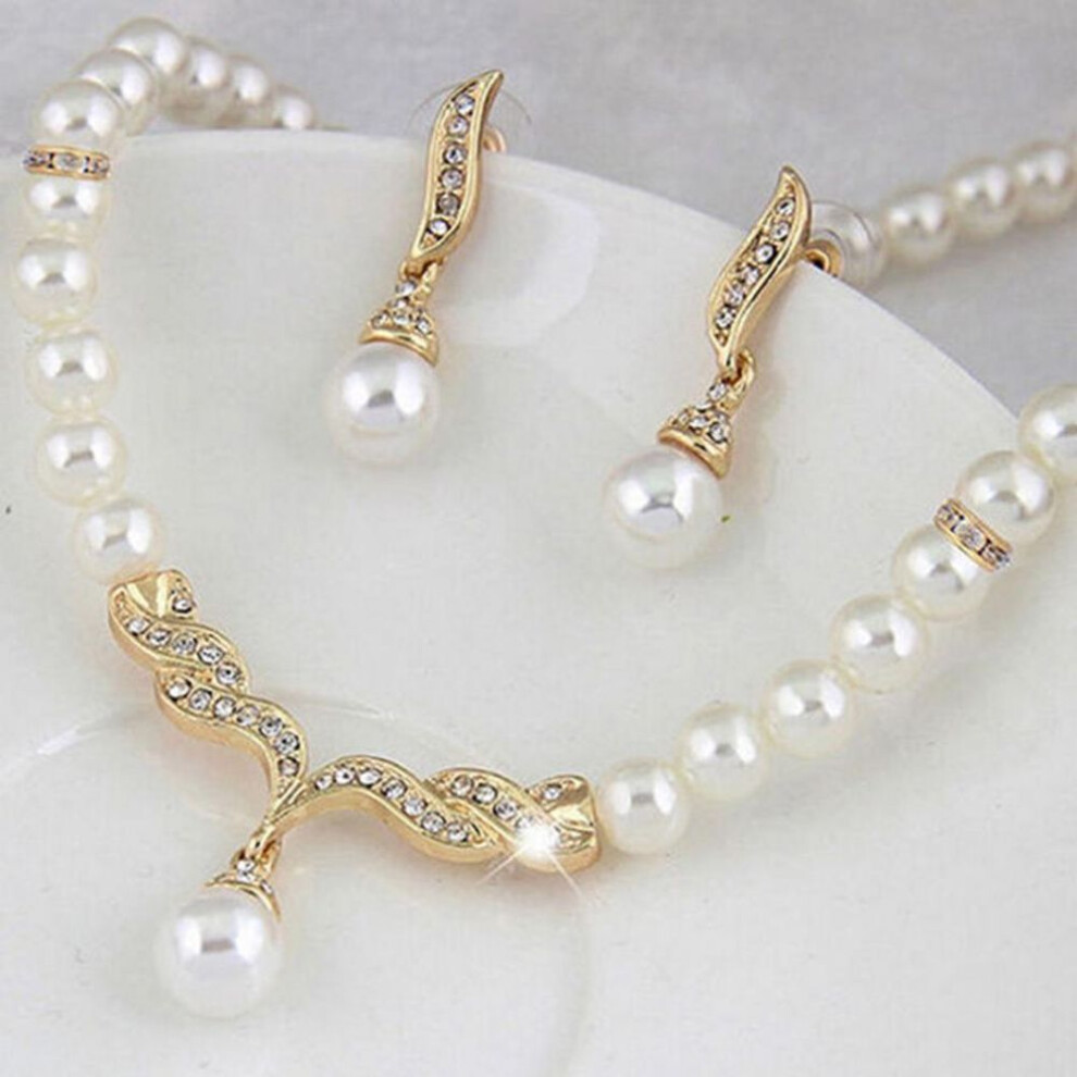 (silver) Bridal Women Necklace Faux Pearl Rhinestone Charms Wedding Earrings Jewelry Set