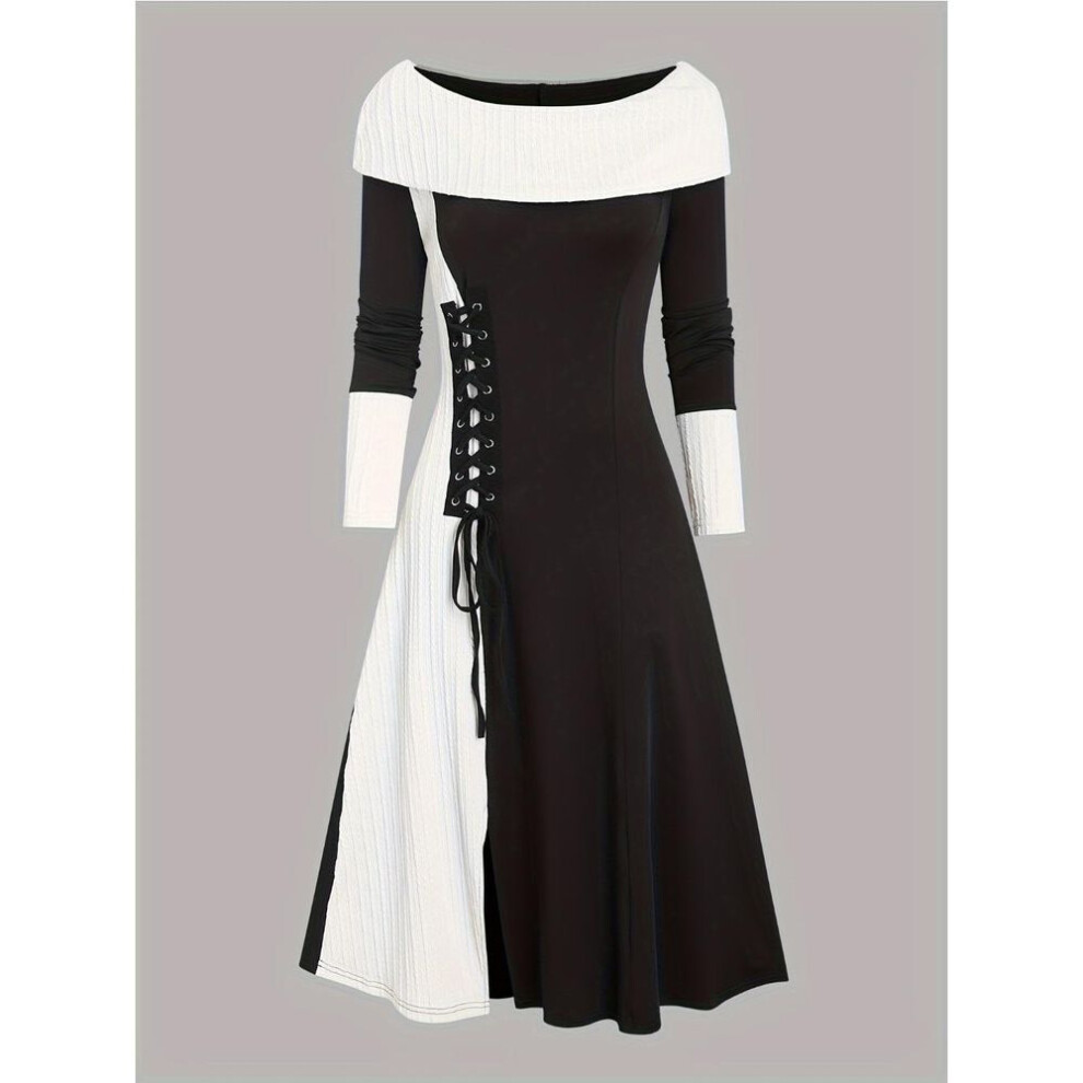 (black, XXL) Color Block Lace Up Dress, Casual Long Sleeve Boat Neck Knit Dress For Fall & Winter, Women&apos;s Clothing