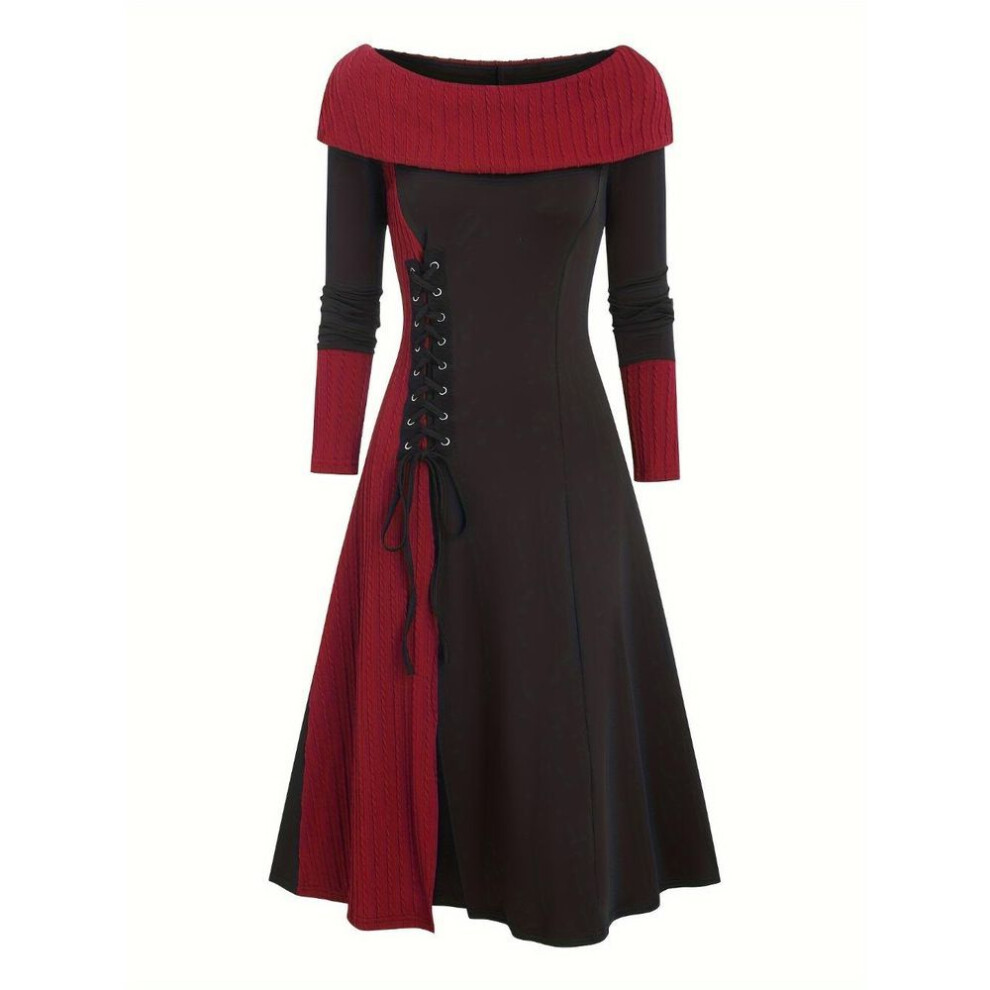 (red, S) Color Block Lace Up Dress, Casual Long Sleeve Boat Neck Knit Dress For Fall & Winter, Women&apos;s Clothing