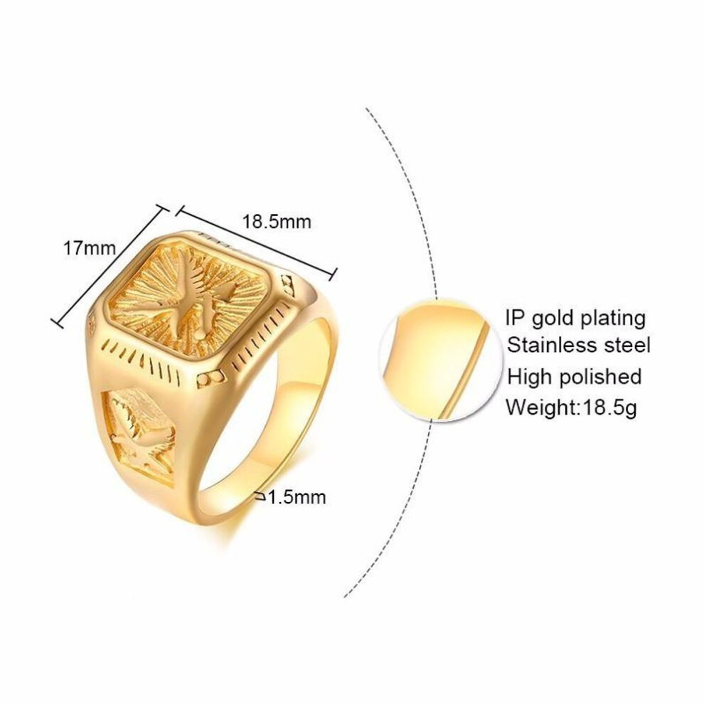 (8) Chunky Mens Eagle Ring Gold Color Stainless Steel Square Top With Rays Signet Ring Heavy Animal Band