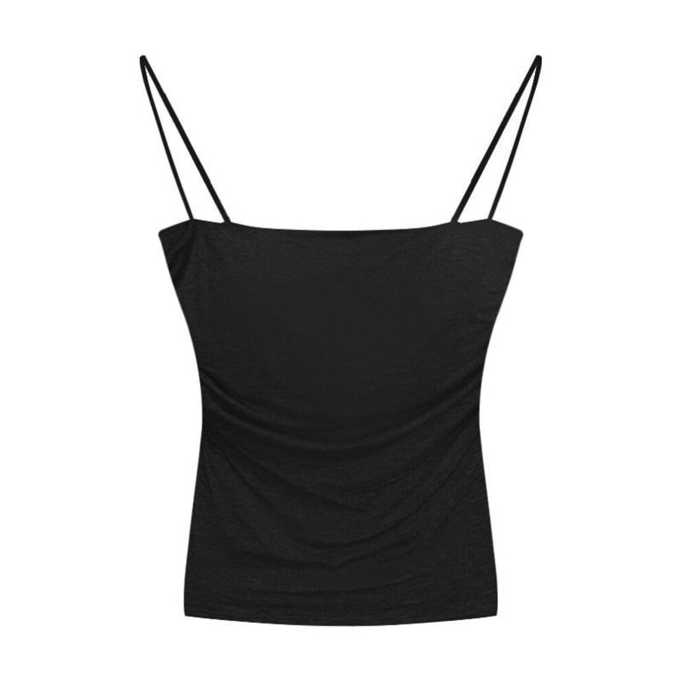 (One size, black) Summer Hot Girl Pleated Camisole With Thin Straps For Slim Look - Sweet & Spicy Sleeveless Top.