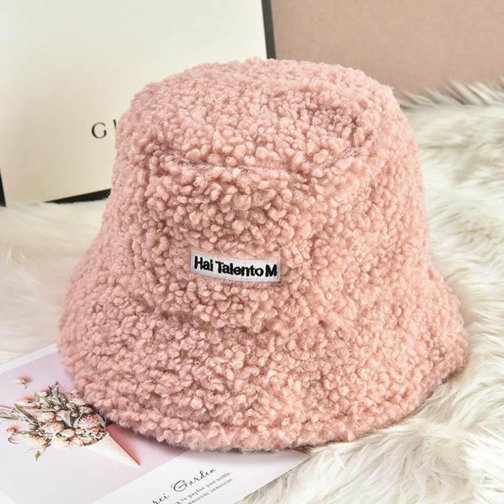 (pink) Faux Fur Winter Bucket Hat Women Korean Thickened Warm Wool Hats Bob LADY Panama Outdoor Hiking Fisherman Hat