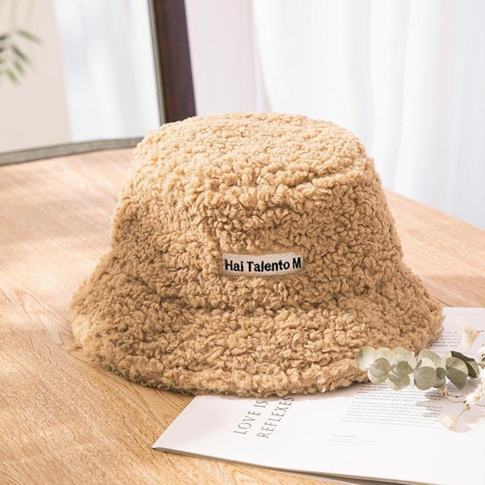 (khaki) Faux Fur Winter Bucket Hat Women Korean Thickened Warm Wool Hats Bob LADY Panama Outdoor Hiking Fisherman Hat