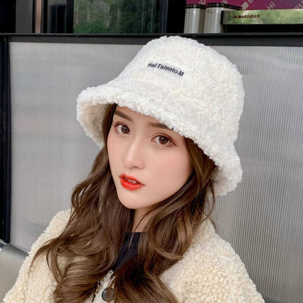 (white) Faux Fur Winter Bucket Hat Women Korean Thickened Warm Wool Hats Bob Lady Panama Outdoor Hiking Fisherman Hat