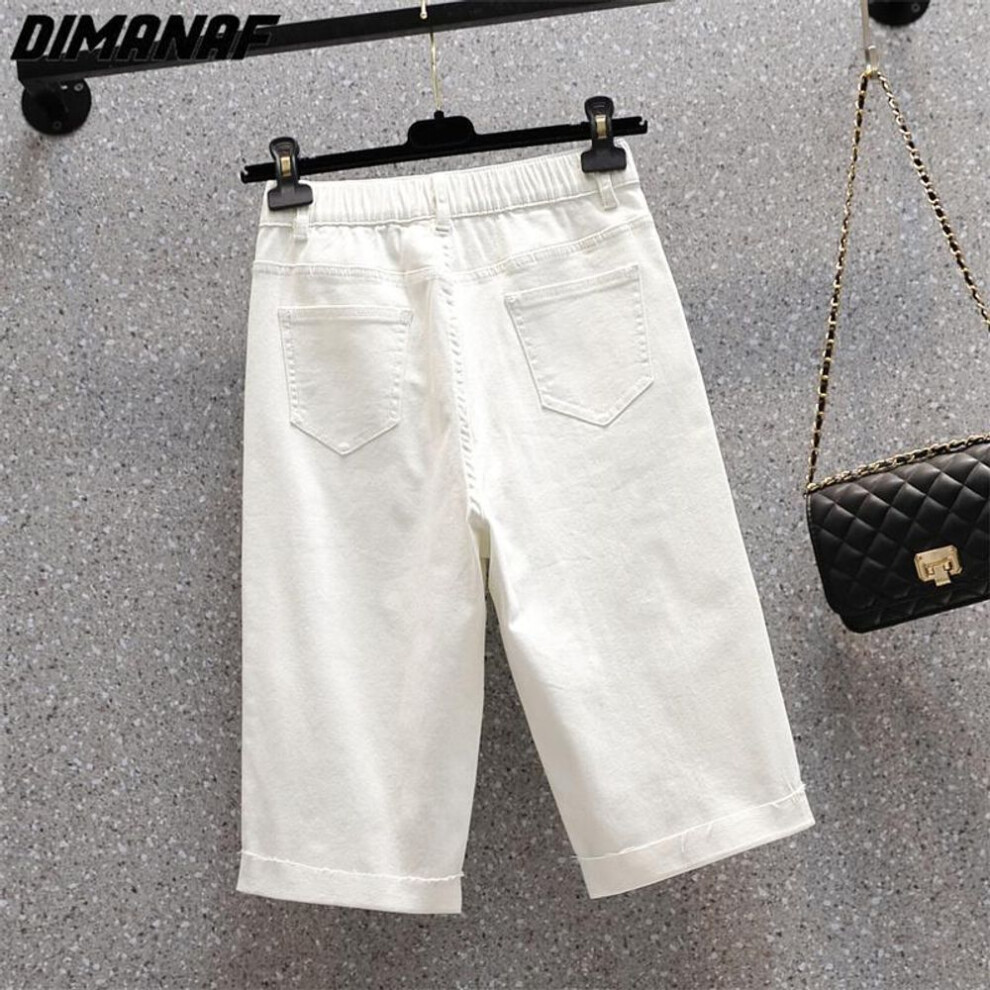 (white, 5XL) Dimanaf 2023 Plus Size Summer Jeans Pants Women Elastic Shorts Loose Casual Ripped Basic Trousers Denim White  5xl