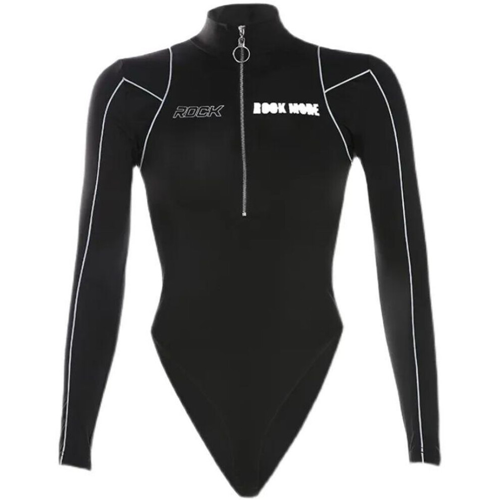 (black, S) American Style Motorcycle Style Line Feeling Spicy Girl Tight Fitting Zipper Splicing High Neck Long Sleeved Jumpsuit For Women&apos;s Clothing