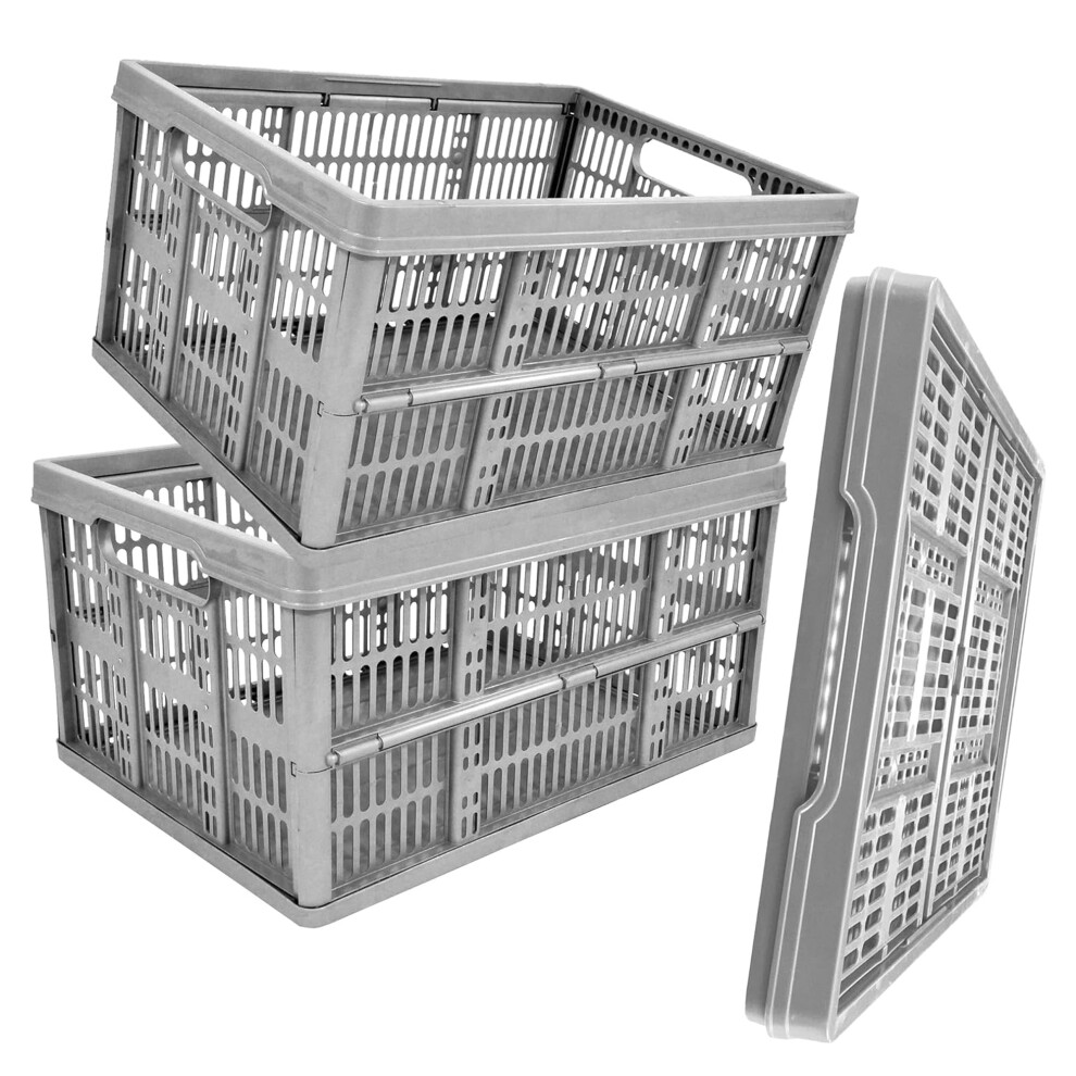 5 x Grey 32L Plastic Folding Crate Boxes With Handles
