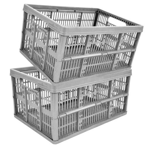 5 x Grey 32L Plastic Folding Crate Boxes With Handles 2