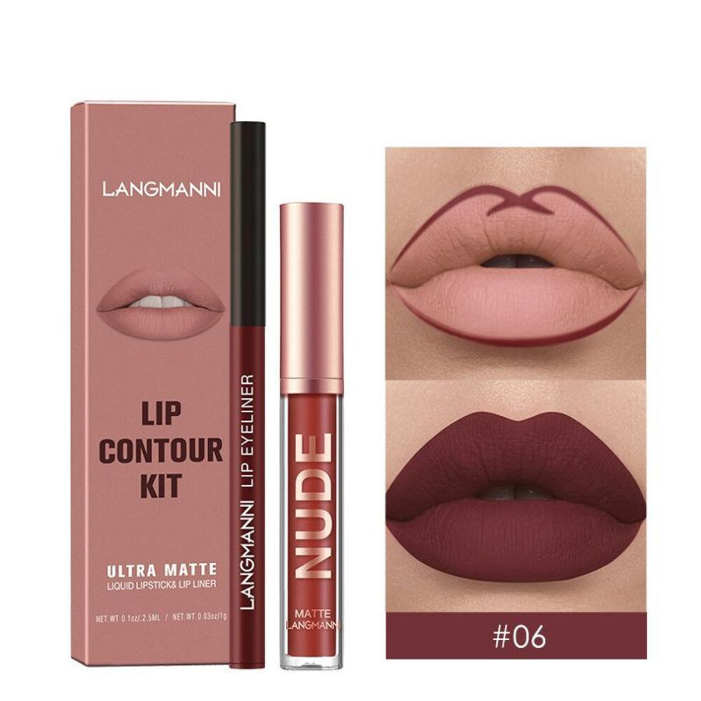 (06#) 2-piece Lip Liner And Lip Gloss Set  Non-sticky Matte Lipstick Set Highly Pigmented Waterproof Lipstick Lip Makeup Gift For Women