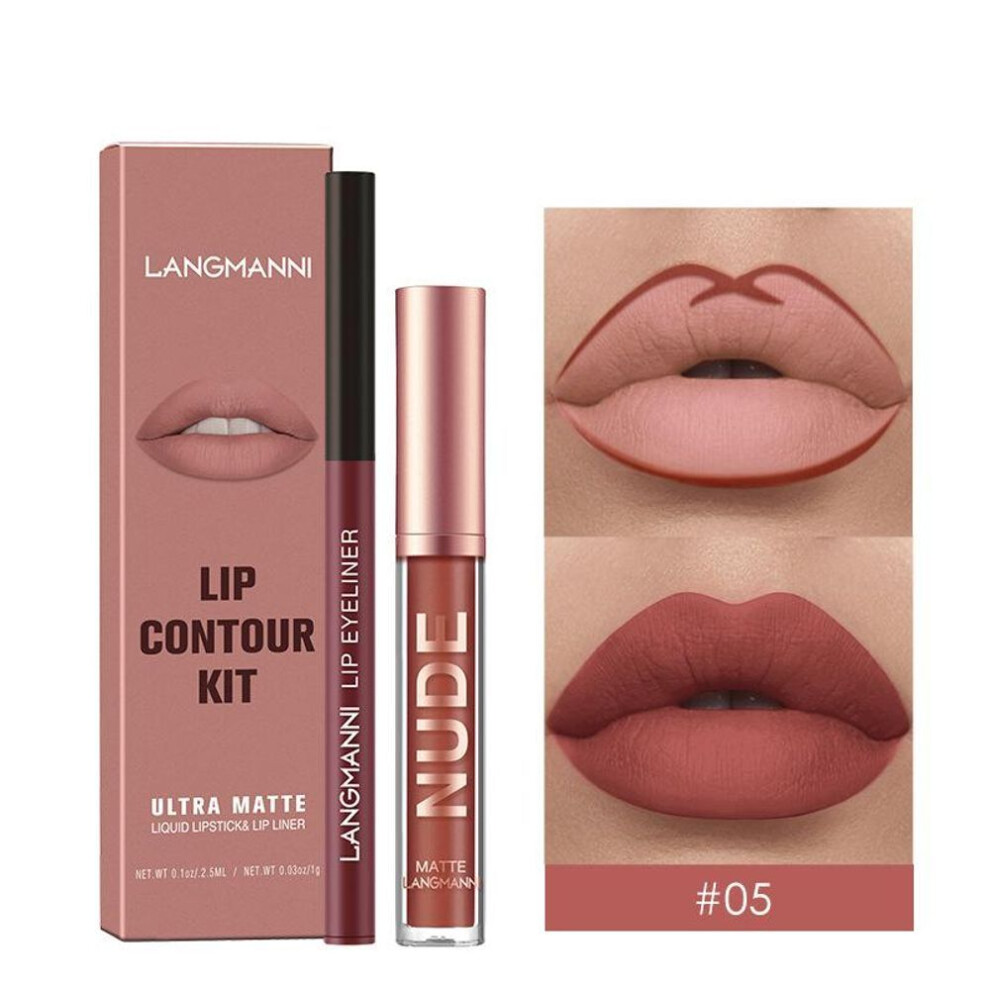 (05#) 2-piece Lip Liner And Lip Gloss Set  Non-sticky Matte Lipstick Set Highly Pigmented Waterproof Lipstick Lip Makeup Gift For Women